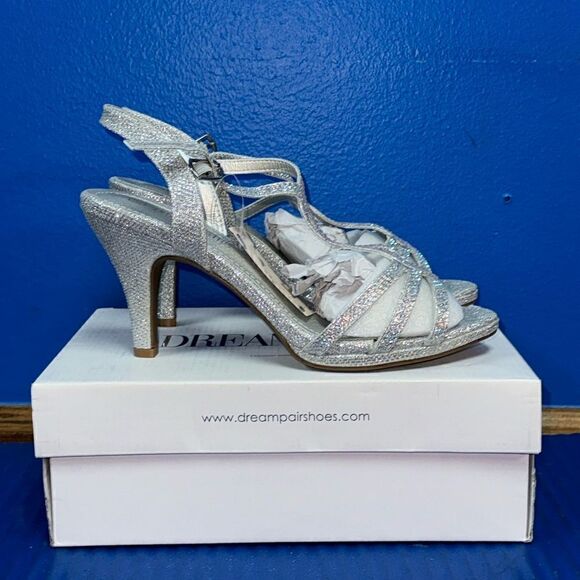 Size 8.5- Women’s DREAM PAIRS Amore Silver Bling Open Toe Stilettos NEW - Picture 1 of 8